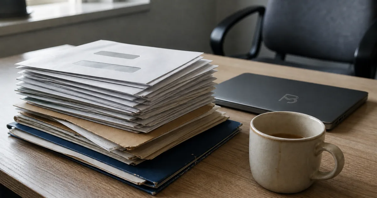 A stack of unopened window envelopes and manila folders beside a closed laptop on a desk in early morning light.