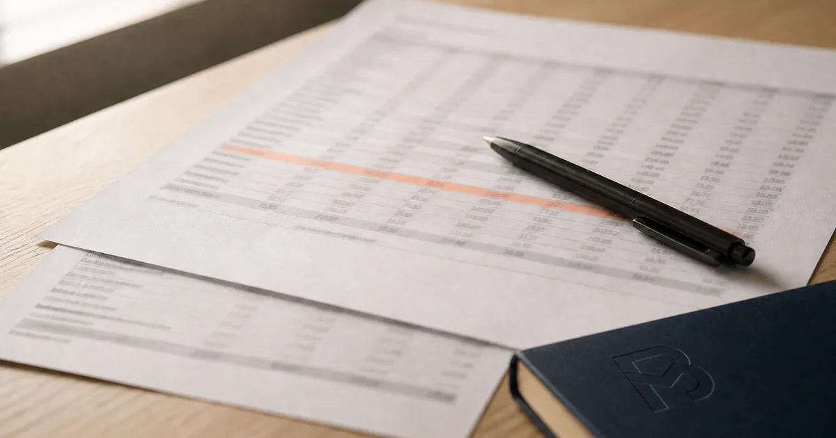 A printed working paper on a desk in morning light, one row marked with an orange highlighter, a pen resting across it.